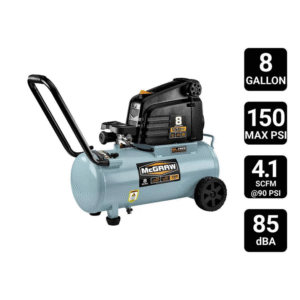Compresor McGraw 8 gal, 1.5 HP, 150 PSI. Tanque horizontal de alta presión. Libre de aceite, bajo mantenimiento. Ideal para herramientas neumáticas pesadas con llenado rápido y transporte sencillo.