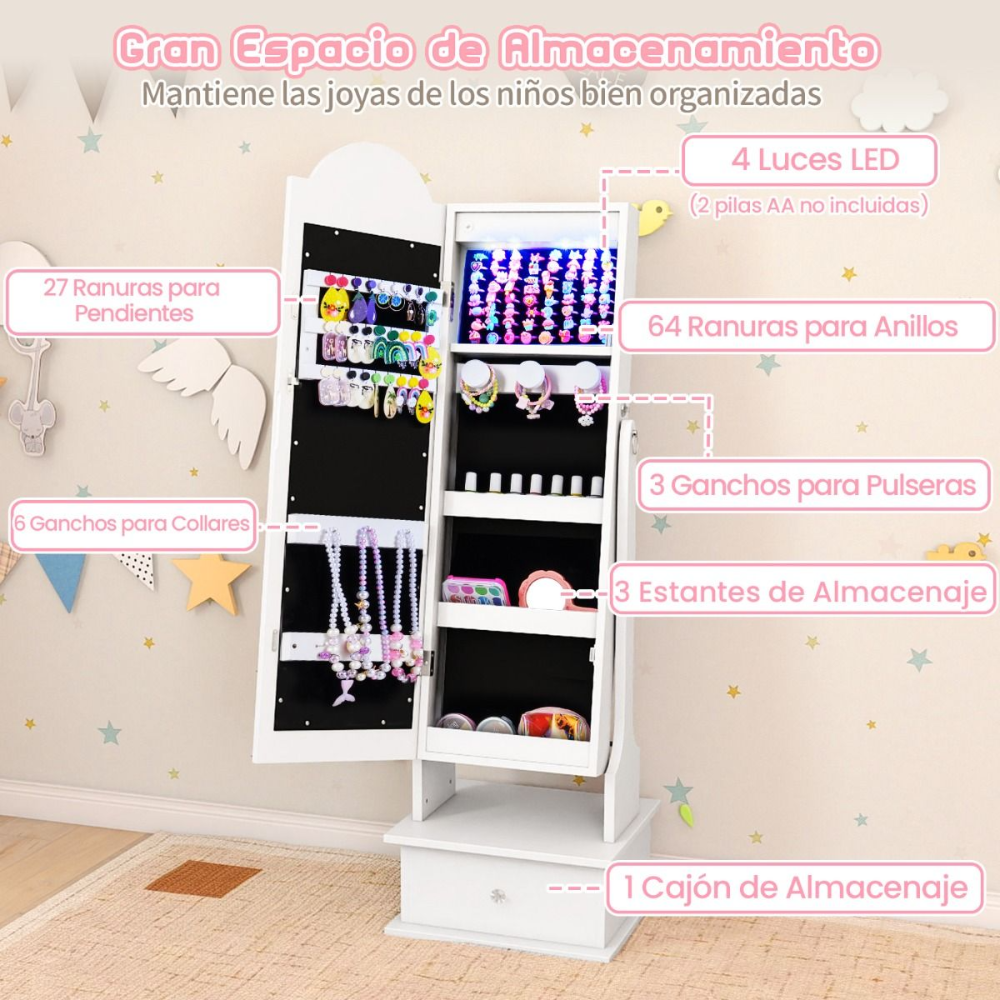 Armario joyero infantil Costway con diseño estilo princesa, ideal para dormitorio, cuarto de juegos o zona de tocador. - Imagen 3