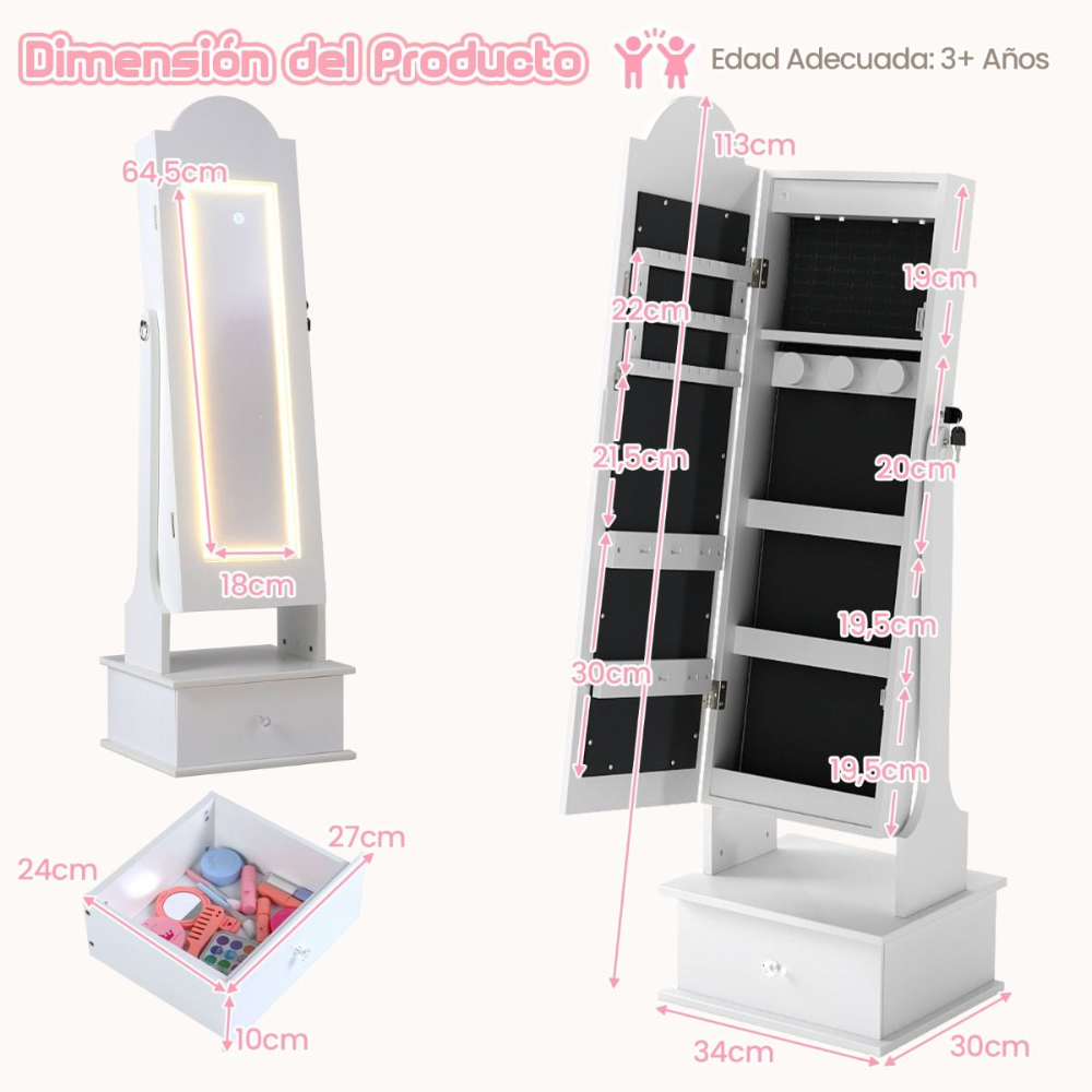 Armario joyero infantil Costway con diseño estilo princesa, ideal para dormitorio, cuarto de juegos o zona de tocador. - Imagen 4