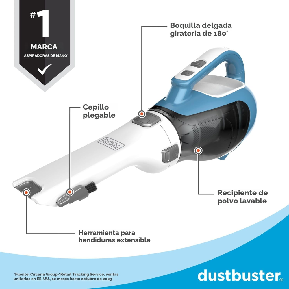 Aspiradora de mano inalámbrica Black+Decker CHV1410L azul/blanco, Elimina el pelo, la suciedad y los residuos de alfombras, interiores de automóviles, muebles y zonas de mucho tránsito. - Imagen 5