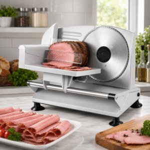 Máquina cortadora de alimentos para el hogar, eléctrica con cuchillas extraíbles de acero inoxidable de 6.7 pulgadas, grosor ajustable de 0 a 0.591 in, fácil de limpiar, 150 W, ideal para embutidos,