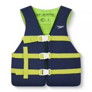Chaleco salvavidas Speedo Junior para niños, ajuste universal juvenil, mayor movilidad hebillas de liberación rápida, correas ajustables, orificios de drenaje integrados  Azul marino/Verde lima