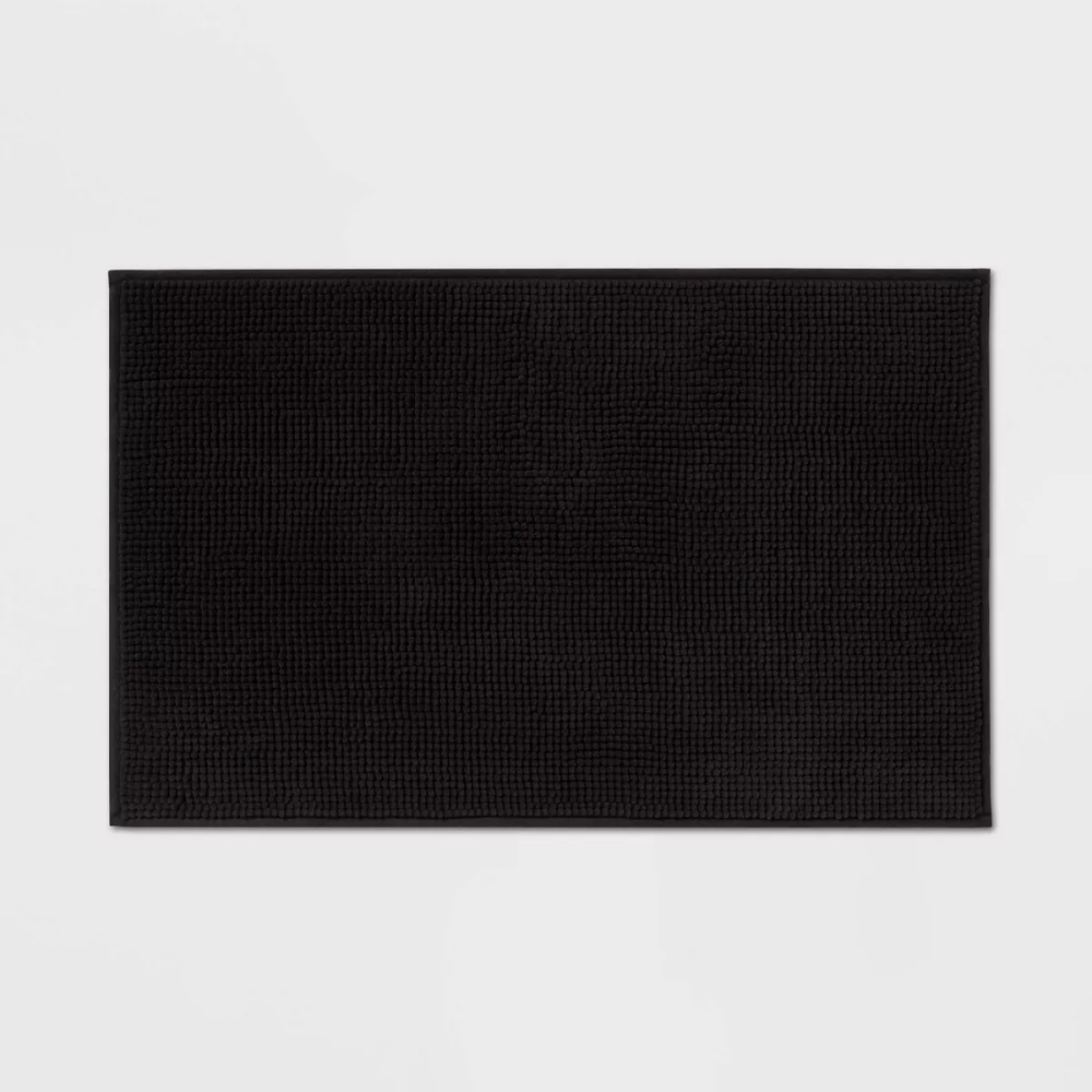 Alfombra de baño de chenilla negra de 20"x32" para uso diario, lavable a máquina, alfombra de baño con textura, base antideslizante.