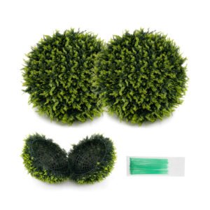 Set 2 esferas Costway de 18 in (45.7 cm) a 22 in (55.8 cm). Polietileno con protección solar que evita la decoloración, manteniendo el jardín verde todo el año sin riego ni mantenimiento.