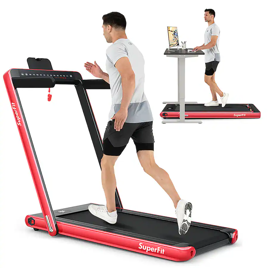 Cinta de correr Costway 2 en 1 con motor de 2.25HP y velocidad de 7.5 mph (12 km/h). Soporta 265 lb (120.2 kg). Tapiz de 5 capas de 39.3 in (99.8 cm) que absorbe impactos protegiendo las articulacione