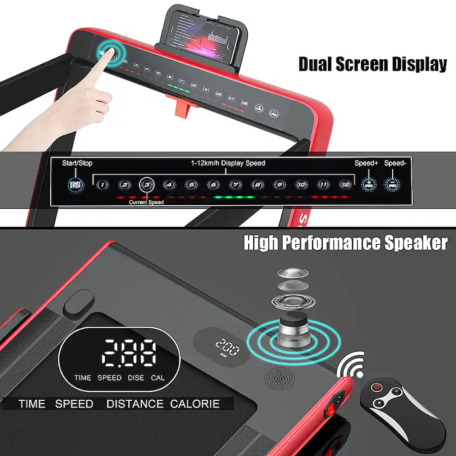 Cinta de correr Costway 2 en 1 con motor de 2.25HP y velocidad de 7.5 mph (12 km/h). Soporta 265 lb (120.2 kg). Tapiz de 5 capas de 39.3 in (99.8 cm) que absorbe impactos protegiendo las articulacione - Imagen 5