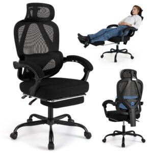 Silla de oficina ergonómica con respaldo alto, tejido malla transpirable, respaldo reclinable, reposapiés retráctil, reposacabezas, soporte lumbar ajustables, ruedas giratorias 360°, altura ajustable