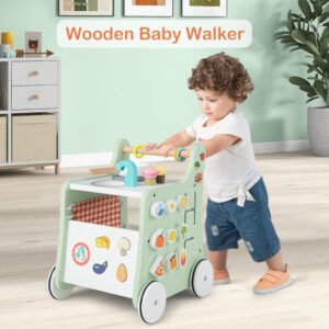 Andador de Empuje ergonómico para Bebé, multipropósito 6 en 1 Cochecitos de Madera Centro de Actividades de Aprendizaje Juguete con Cocina 12+ Meses Verde, área de cocina simulada