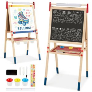 Caballete de arte infantil, ajustable, Pizarra de arte 3 en 1 Incluye 3 vasos de pintura, un rotulador para pizarra blanca y 2 tizas gruesas letras magnéticas con las 26 letras alfabeto inglés y papel