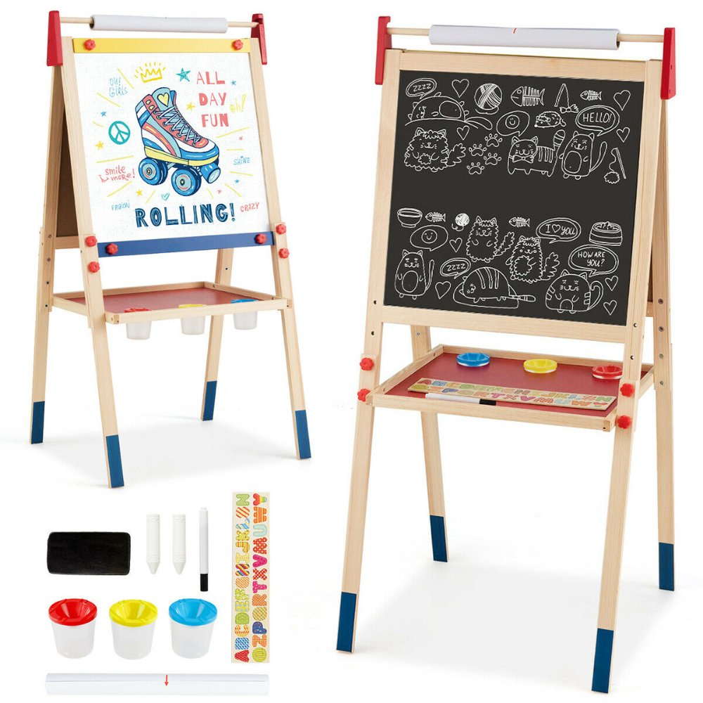 Caballete de arte infantil, ajustable, Pizarra de arte 3 en 1 Incluye 3 vasos de pintura, un rotulador para pizarra blanca y 2 tizas gruesas letras magnéticas con las 26 letras alfabeto inglés y papel