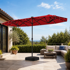 Costway Sombrilla doble de 13x6.6x8 ft (396.2x201.1x243.8 cm). Estructura metálica con 12 varillas y manivela. Incluye base y 36 luces LED solares que iluminan tus reuniones nocturnas por 8 h