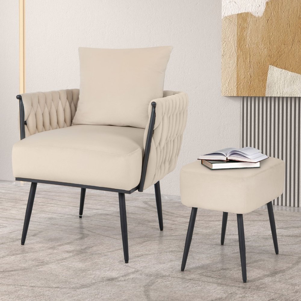 Costway set moderno de sillón y otomana de terciopelo holandés, con respaldo y brazos tejidos, ideal para sala de estar y decoración elegante.