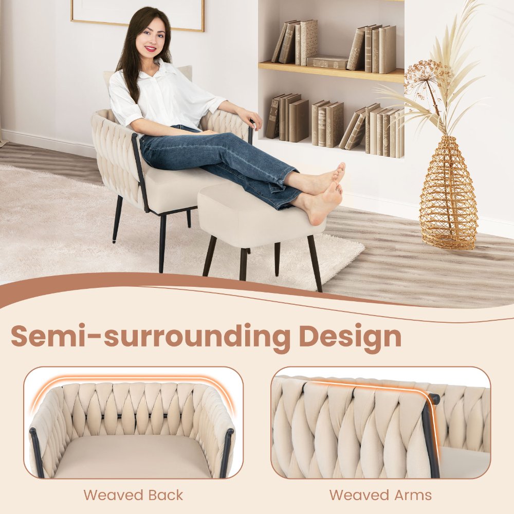 Costway set moderno de sillón y otomana de terciopelo holandés, con respaldo y brazos tejidos, ideal para sala de estar y decoración elegante. - Imagen 3