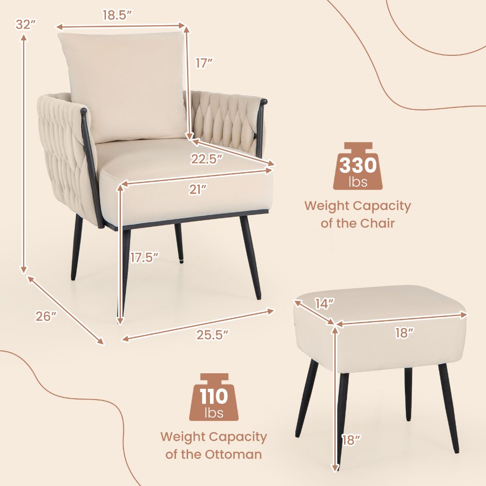 Costway set moderno de sillón y otomana de terciopelo holandés, con respaldo y brazos tejidos, ideal para sala de estar y decoración elegante. - Imagen 4