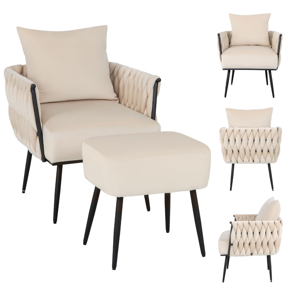 Costway set moderno de sillón y otomana de terciopelo holandés, con respaldo y brazos tejidos, ideal para sala de estar y decoración elegante. - Imagen 5