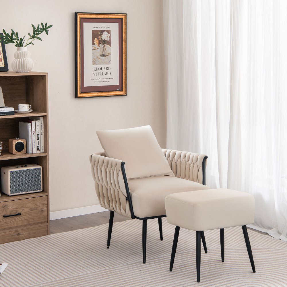 Costway set moderno de sillón y otomana de terciopelo holandés, con respaldo y brazos tejidos, ideal para sala de estar y decoración elegante. - Imagen 6