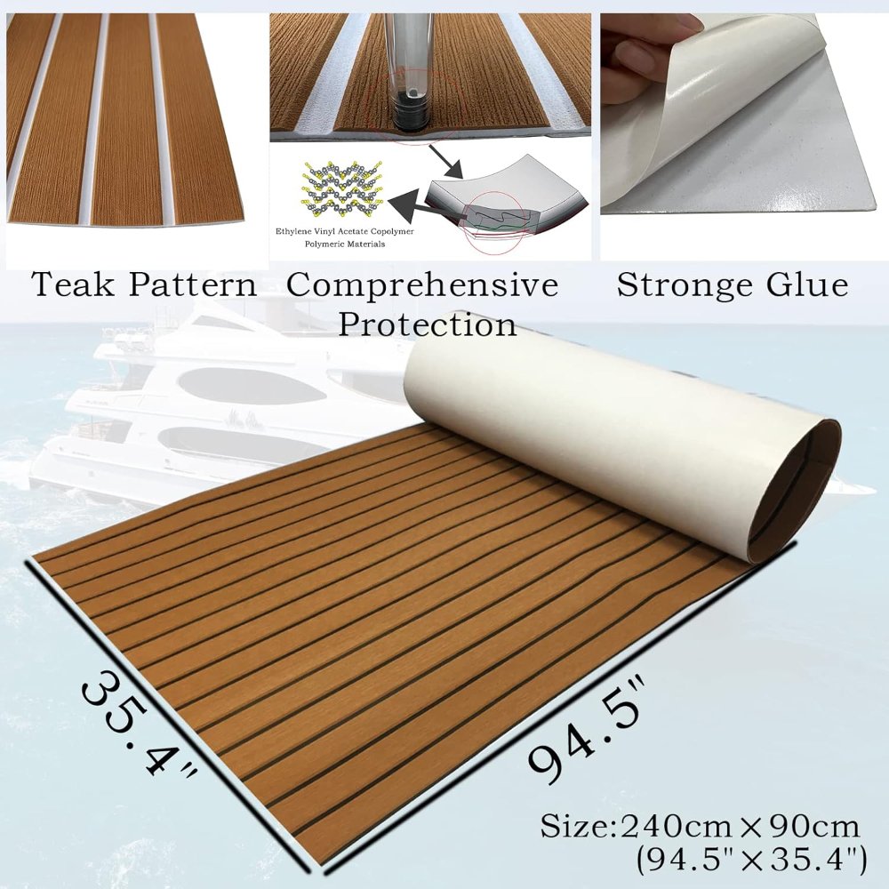 CHURERSHINING tapete EVA imitación teca marina, autoadhesivo y antideslizante. Medidas: 239 cm x 89 cm, ideal para botes y plataformas. - Imagen 4
