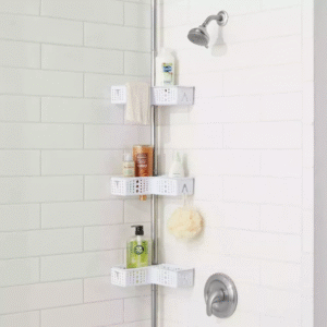 Room Essentials soporte de acero en L para barra tensora, cromado, ideal para organizar productos de baño y maximizar espacio en la ducha.