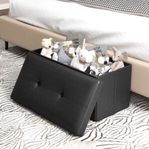 Costway otomana plegable rectangular negra, tapizada en cuero PVC, con 22.5 galones de almacenamiento. Ideal como asiento y organizador.