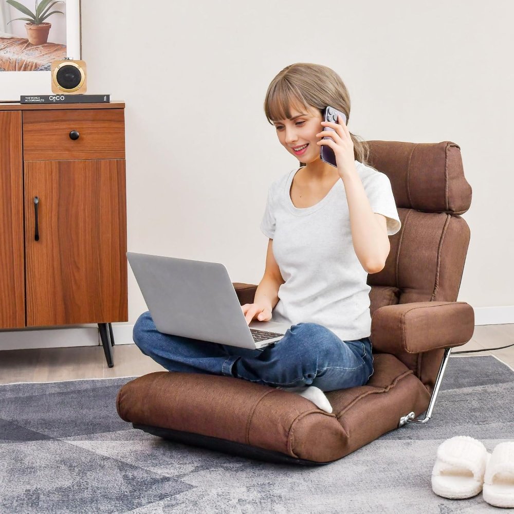 Giantex sofá plegable ajustable color marrón, con reposabrazos y asiento extensible. Ideal para lectura, meditación o relajarse en el piso. - Imagen 3