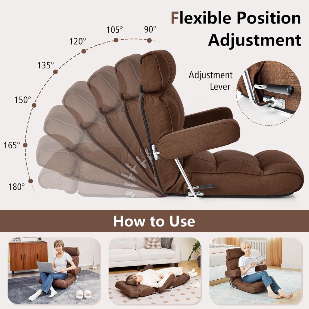 Giantex sofá plegable ajustable color marrón, con reposabrazos y asiento extensible. Ideal para lectura, meditación o relajarse en el piso. - Imagen 6