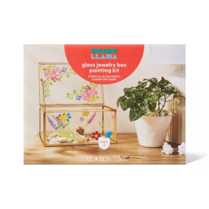 Kit de manualidades para pintar caja de joyería de cristal. Incluye una caja de cristal con tapa abatible, pinceles, plantillas, botes de pintura acrílica, hoja de instrucciones y más. 14 o más