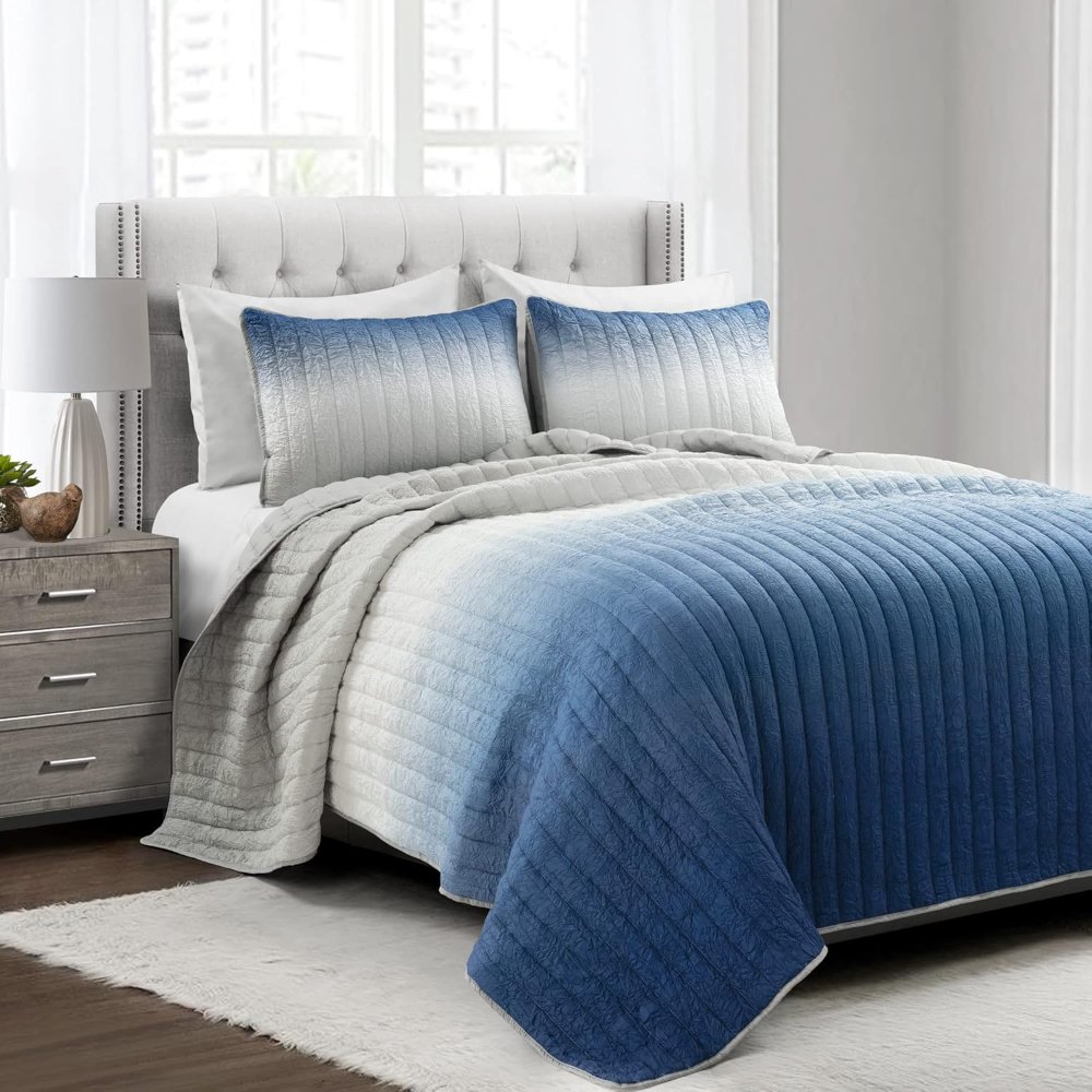 Juego de edredón arrugado, tamaño matrimonial/Queen, , 3 piezas, tamaño azul marino y gris, juego de ropa de cama de color degradado, edredones azules, decoración