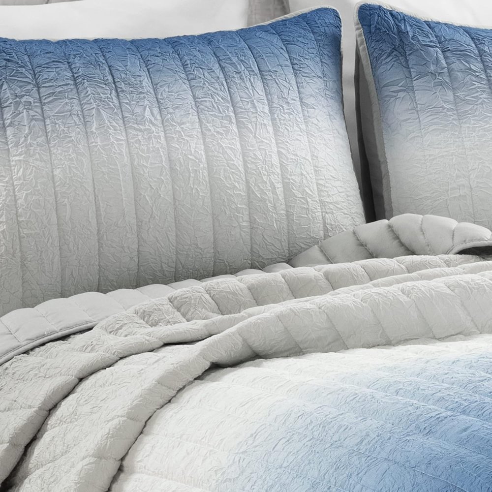 Juego de edredón arrugado, tamaño matrimonial/Queen, , 3 piezas, tamaño azul marino y gris, juego de ropa de cama de color degradado, edredones azules, decoración - Imagen 4