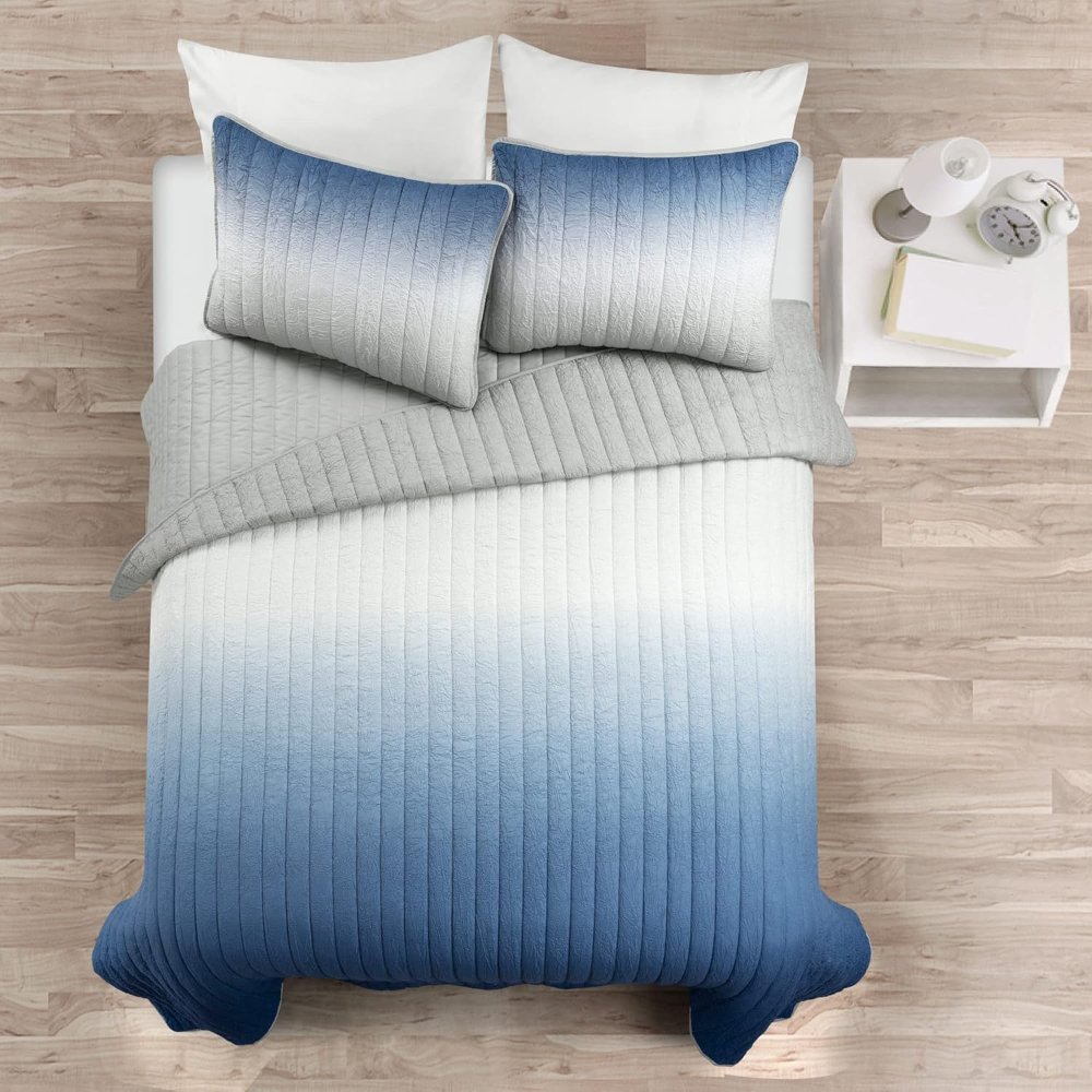 Juego de edredón arrugado, tamaño matrimonial/Queen, , 3 piezas, tamaño azul marino y gris, juego de ropa de cama de color degradado, edredones azules, decoración - Imagen 5