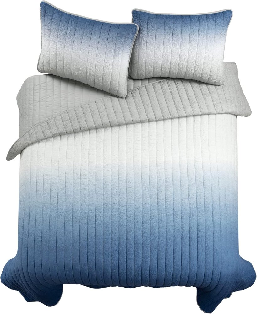 Juego de edredón arrugado, tamaño matrimonial/Queen, , 3 piezas, tamaño azul marino y gris, juego de ropa de cama de color degradado, edredones azules, decoración - Imagen 6