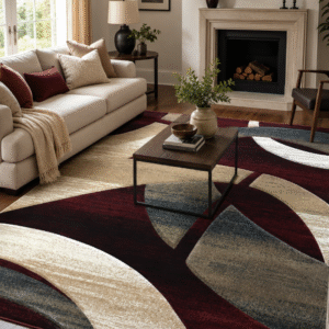 Alfombra de 3.05 x 2.44 m moderna modelo 248 , mezcla de poliéster, diseño escultural rojo y beige, resistente y fácil de limpiar.