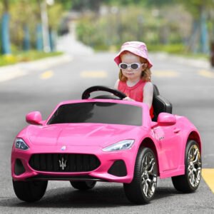 OLAKIDS Maserati Gran Cabrio eléctrico 12V rosa, suspensión, música, Bluetooth, USB y luces; ideal para niños.