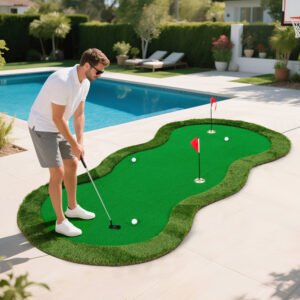 Tapete práctica de golf, 1,5 x 3 metros, 3 hoyos para oficina o jardín, espacioso para práctica versátil, campo realista, base EVA de alta calidad es antideslizante, alta elasticidad, no se enrolla