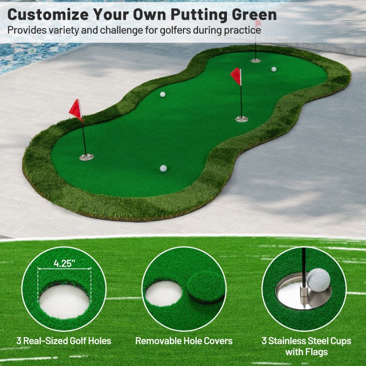 Tapete práctica de golf, 1,5 x 3 metros, 3 hoyos para oficina o jardín, espacioso para práctica versátil, campo realista, base EVA de alta calidad es antideslizante, alta elasticidad, no se enrolla - Imagen 6