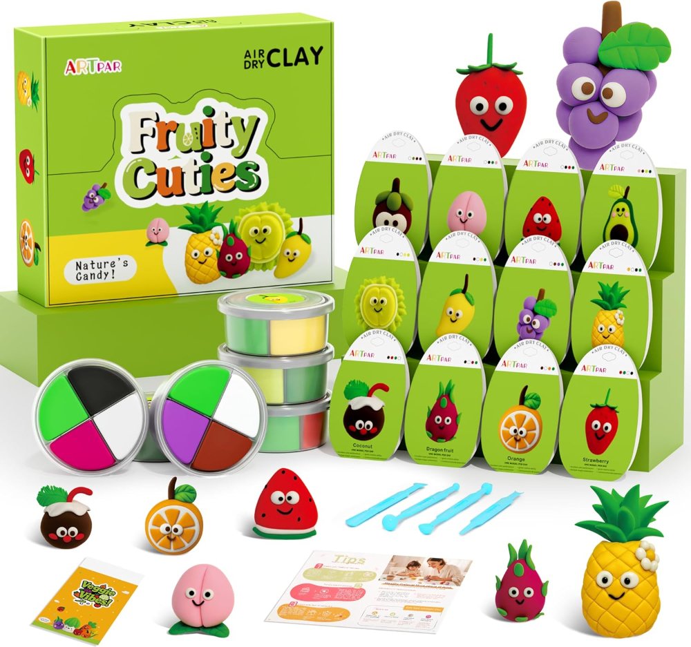 ARTPAR Kit arcilla seca al aire para niños, 12 arcilla de modelado de frutas, suave, no pegajosa con herramientas y tutoriales, para actividades artísticas en el aula, manualidades escolares y regalo