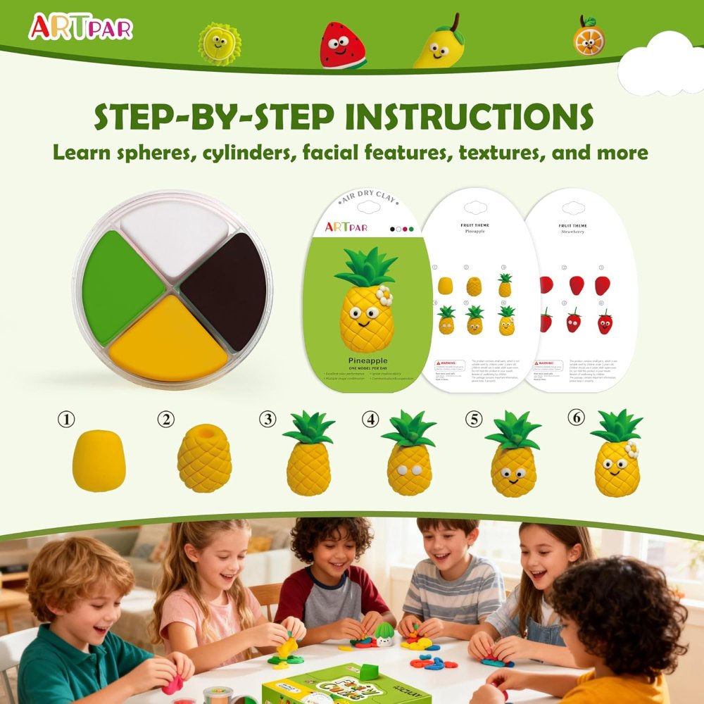 ARTPAR Kit arcilla seca al aire para niños, 12 arcilla de modelado de frutas, suave, no pegajosa con herramientas y tutoriales, para actividades artísticas en el aula, manualidades escolares y regalo - Imagen 3
