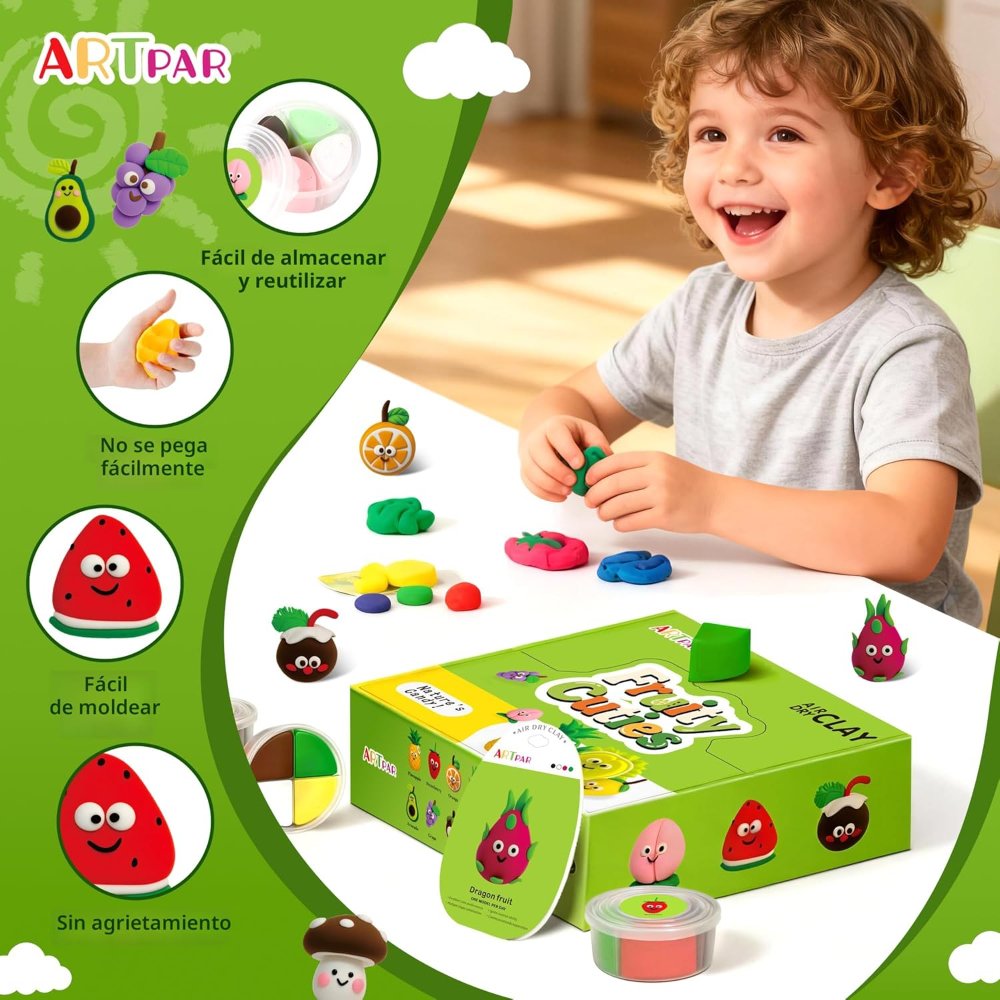 ARTPAR Kit arcilla seca al aire para niños, 12 arcilla de modelado de frutas, suave, no pegajosa con herramientas y tutoriales, para actividades artísticas en el aula, manualidades escolares y regalo - Imagen 4