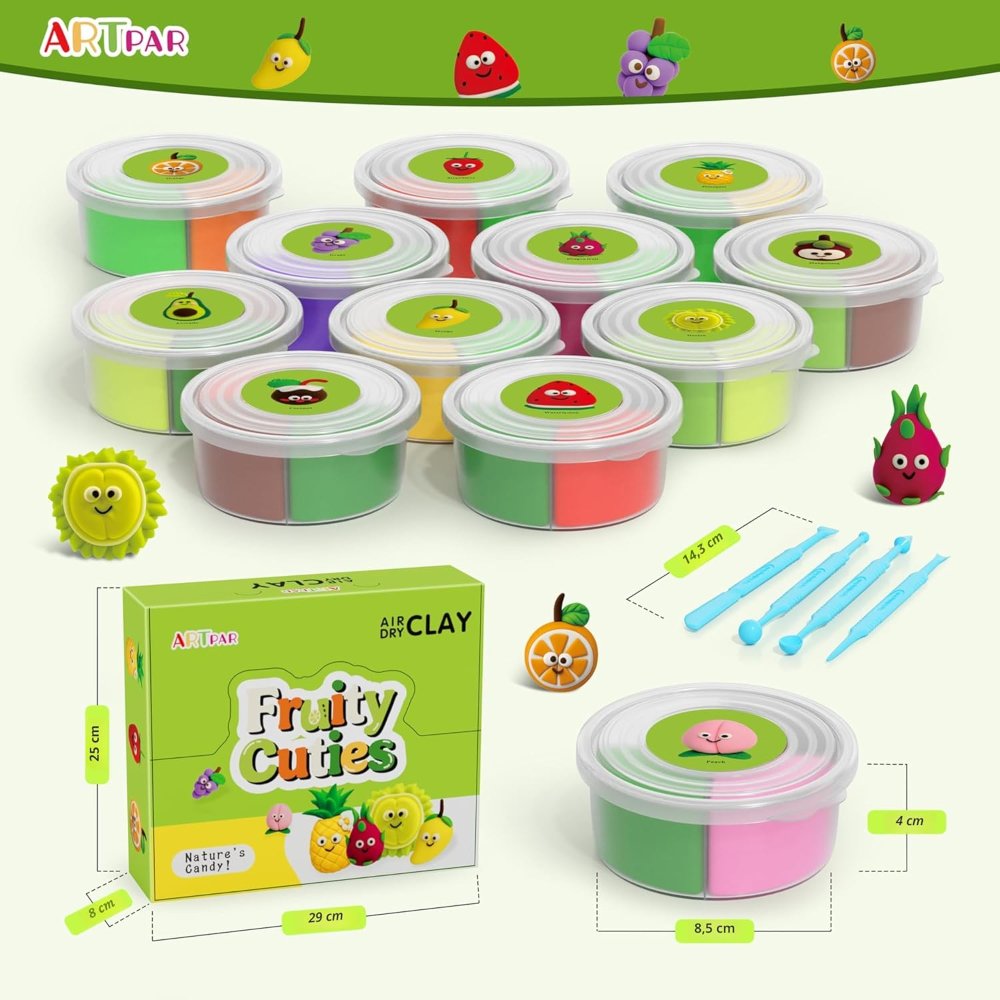 ARTPAR Kit arcilla seca al aire para niños, 12 arcilla de modelado de frutas, suave, no pegajosa con herramientas y tutoriales, para actividades artísticas en el aula, manualidades escolares y regalo - Imagen 5