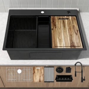 Fregadero de cocina empotrable de un solo seno de 84 cm (33 pulgadas), de acero inoxidable negro de calibre 18, con grifo de cuello elástico negro.