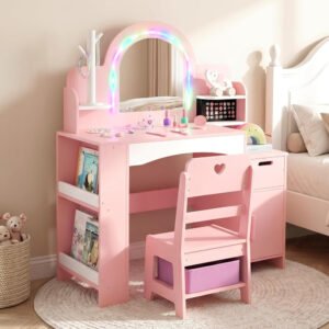Juego de tocador para niñas con luces, escritorio de maquillaje de princesa con espejo, colgador de joyas, cajones de tela, juego de mesa y silla para niños pequeños