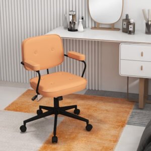 Costway silla de oficina giratoria PU color camel, altura ajustable, reposabrazos y ruedas 360°. Cómoda para estudio, oficina o tocador.