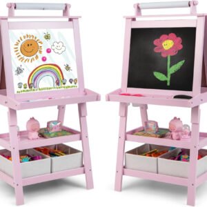 Costzon caballete infantil 3 en 1 rosa, con pizarra blanca, pizarra negra, rollo de papel, repisas y cajas para arte y organización.