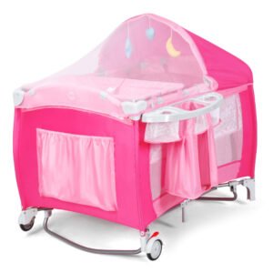 Costzon corralito 4 en 1 rosa para bebé, con moisés, toldo ajustable, entrada lateral, ruedas con freno y caja musical. Ideal para casa o viaje.