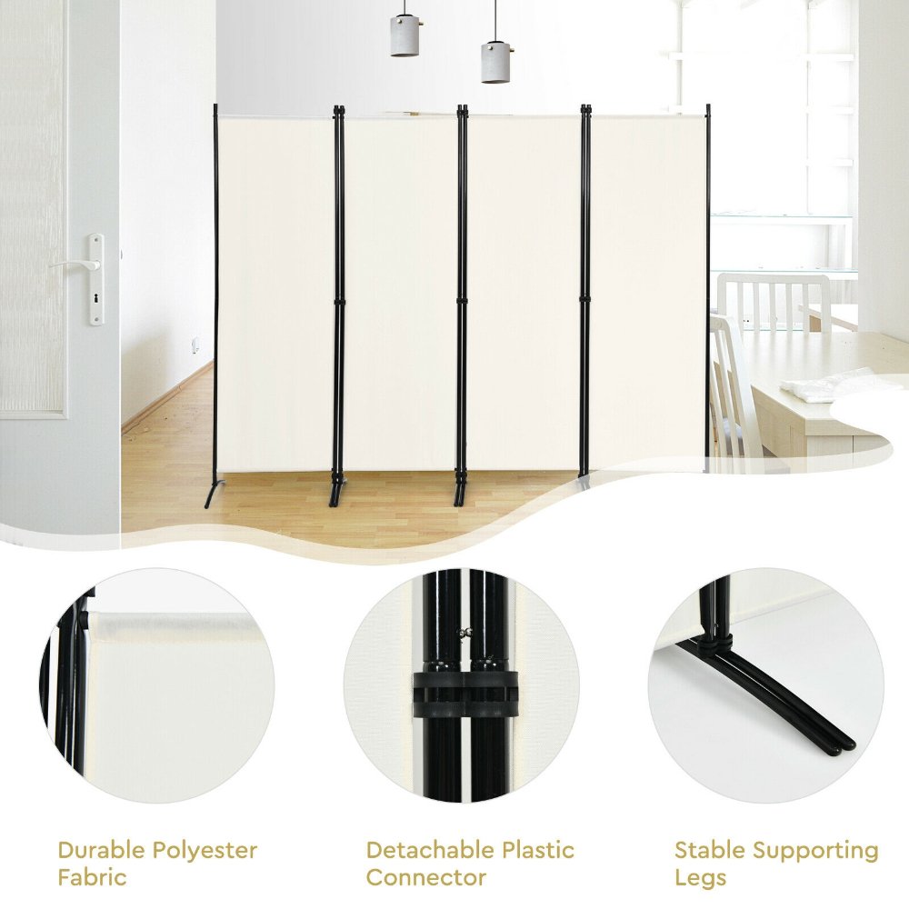Costway separador de ambientes blanco de 4 paneles, 1.70 m, con marco de acero y patas giratorias 360°. Ideal para privacidad en casa u oficina. - Imagen 2