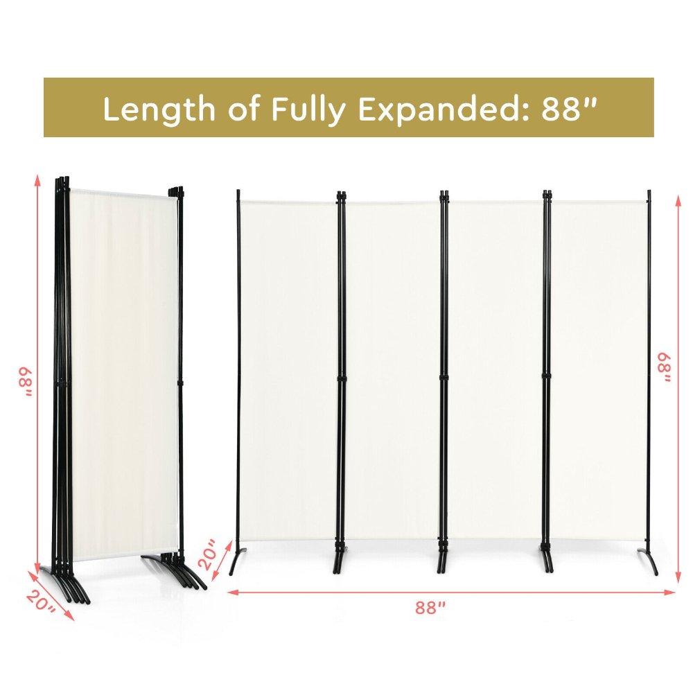 Costway separador de ambientes blanco de 4 paneles, 1.70 m, con marco de acero y patas giratorias 360°. Ideal para privacidad en casa u oficina. - Imagen 6
