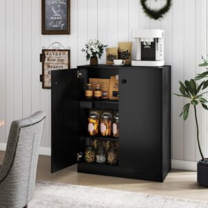 Gabinete de base de almacenamiento de 2 puertas, armario de piso independiente, estante de 3 niveles, almohadillas antideslizantes, para cocina para sala de estar, pasillo, entrada, oficina (negro)