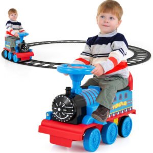 Juguetes para montar, tren eléctrico de 6V para montar con rieles, asiento con almacenamiento, luz y música, respaldo, dispositivo anti inclinación, para niños pequeños y niñas