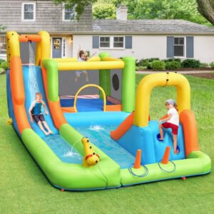 Tobogán acuático hinchable OLAKIDS, casa hinchable 7 en 1 con 2 toboganes, muro de escalada, piscina, aro, pistola de agua, circuito de obstáculos, para parque acuático al aire libre