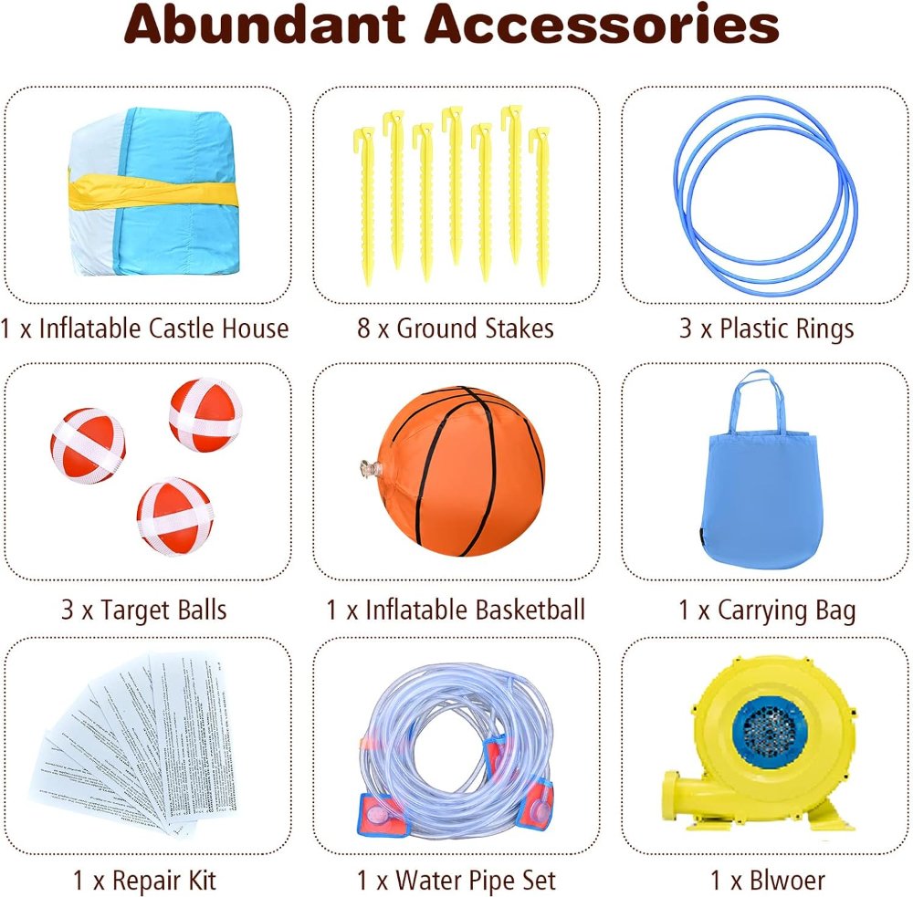 Tobogán acuático hinchable OLAKIDS, casa hinchable 7 en 1 con 2 toboganes, muro de escalada, piscina, aro, pistola de agua, circuito de obstáculos, para parque acuático al aire libre - Imagen 2