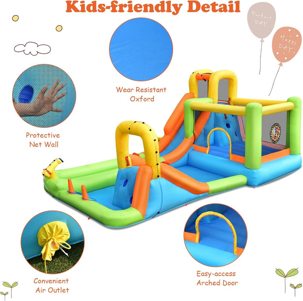 Tobogán acuático hinchable OLAKIDS, casa hinchable 7 en 1 con 2 toboganes, muro de escalada, piscina, aro, pistola de agua, circuito de obstáculos, para parque acuático al aire libre - Imagen 3